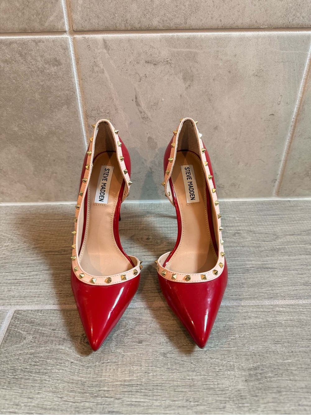 Steve Madden Red Patent Pointed Pumps with Beige Stud Trim